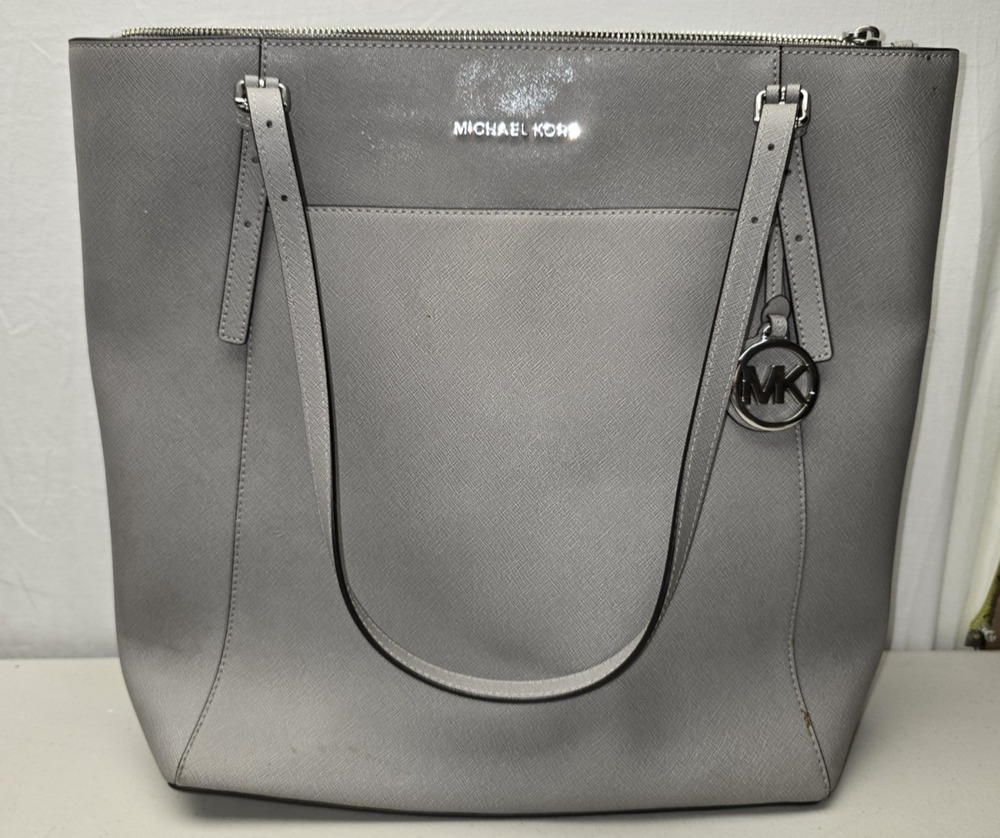 Michael Kors Gray Ciara Saffiano Leather Large Tote Shoulder Bag Silver Hardware